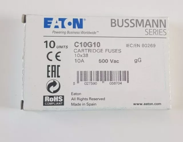 10 X  Eaton Cooper Bussmann 10A Industrial Ceramic Cartridge Fuses 10 x 38 mm