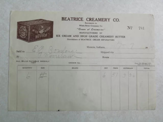 Beatrice Creamery Co 1919 Ice Cream Muncie IN Indiana Vintage Letterhead SBF97