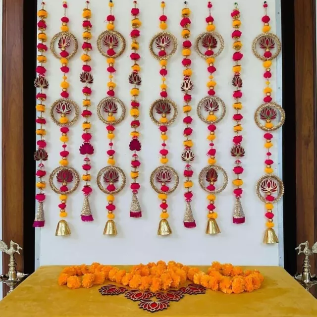 Indian Handmade Wall Hanging Circle with Lotus, Pom pom  Set of 9  Home decor