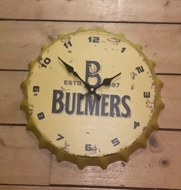 Bulmers Vintage Retro 30cm Wall Clock Metal Bottle Top Man cave Girl Cave Bar