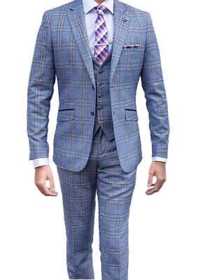 Brendan Men's 3 Piece Blue Slim Fit Check Suit