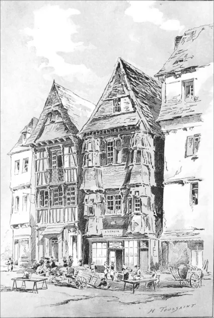 Vue des VIEILLES MAISONS de la PLACE de LANNION au 19e siècle - Gravure 19e