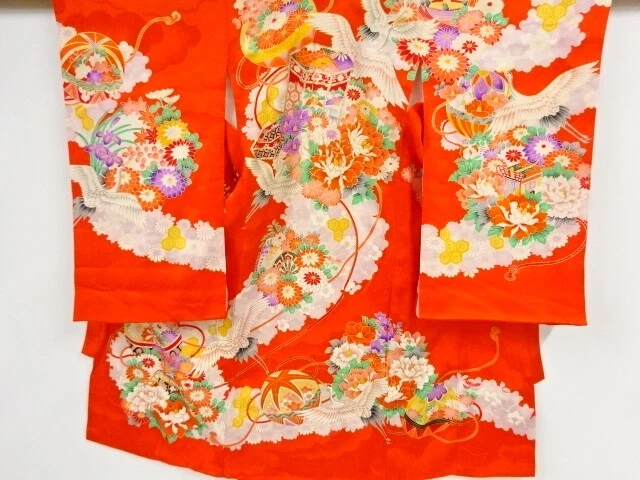 42763# Japanese Kimono / Antique Kimono For Girls / Embroidery / Crane & Flo