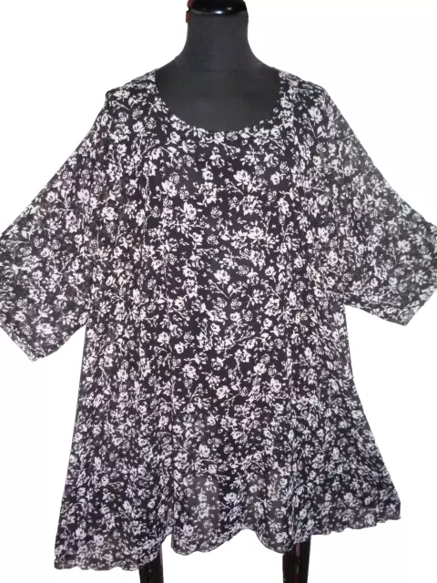 Schicke TUNIKA  KLEID Chiffon Übergröße schwarz / weiß floral 66 + XXXXXL