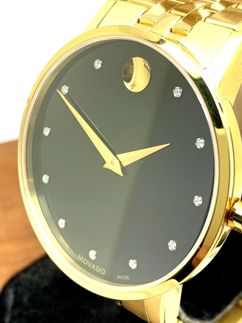 Orologio Da Uomo Movado 0607625 Museo Diamante Quadrante Nero Quarzo Svizzero Oro Acciaio 40mm