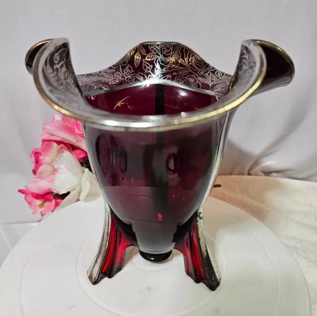 RARE NEW MARTINSVILLE GLASS RED RUBY ROCKET VASE Silver overlay flower- READ- A9