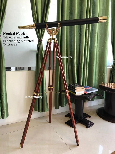 Floor Standing Leather Brass Anchormaster Telescope 50" Nautical Wooden Tripod