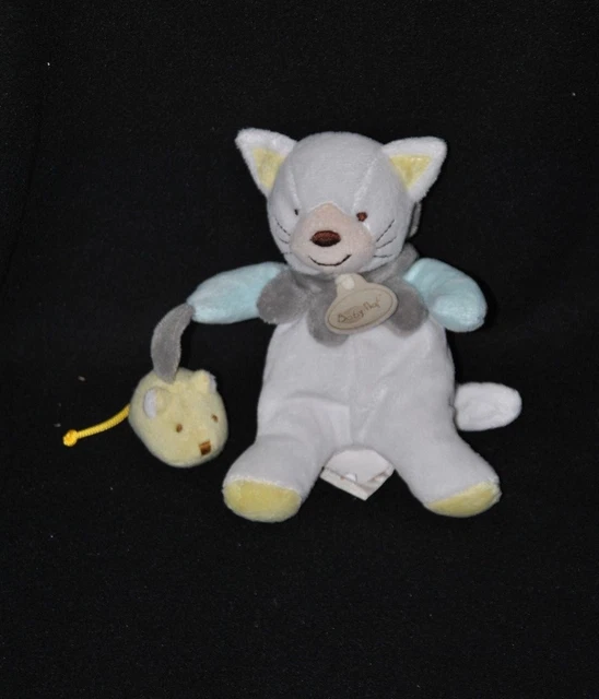 Peluche doudou chat BABY NAT' blanc bleu jaune gris souris grelot 16 cm NEUF