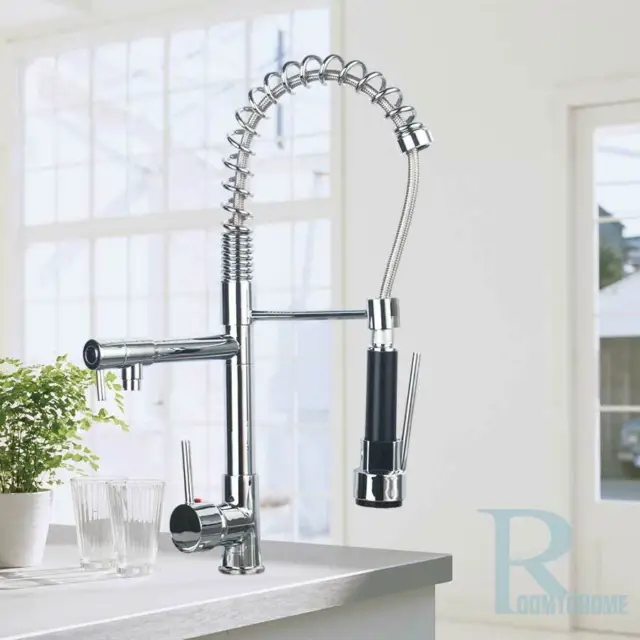 UK New Kitchen Sink Basin Mixer Taps 360° Swivel Spout Pull Out Spray Pot Rinser
