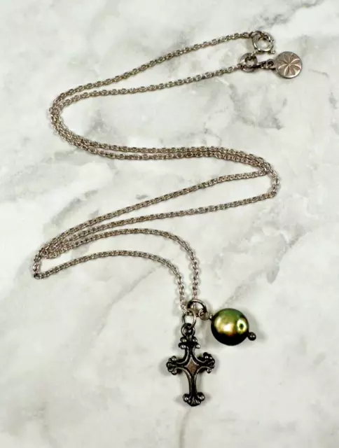 Sterling Silver Necklace with Cross Pendant and Small Dangle - 18"