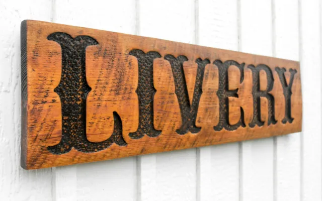 Livery Sign - Carved in a Solid Wood Board Rustic Distressed Horse Stable