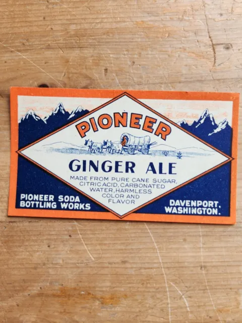 Vintage soda pop bottle label PIONEER GINGER ALE Davenport Washington unused