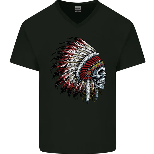 Indian Skull Headdress Biker Motorbike Mens V-Neck Cotton T-Shirt