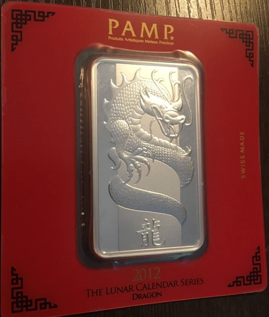 2012 PAMP Suisse Lunar Year of the Dragon 100 gram .999 Silver Bar Ingot, Sealed