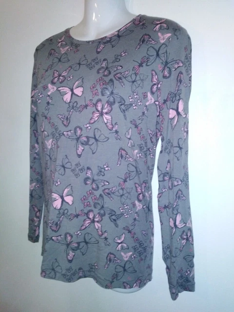 Tu Butterfly Print Long Sleeved Grey Mix Top Size 12