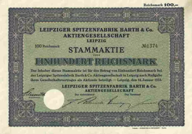 Leipziger Spitzenfabrik Barth 1933 Leipzig Grimma Dresden Auerbach Plauen 100 RM