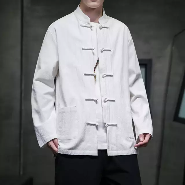 Men Chinese Tang Suit Long Sleeve Top Cotton Linen Shirt Kung Fu Tai Chi Casual