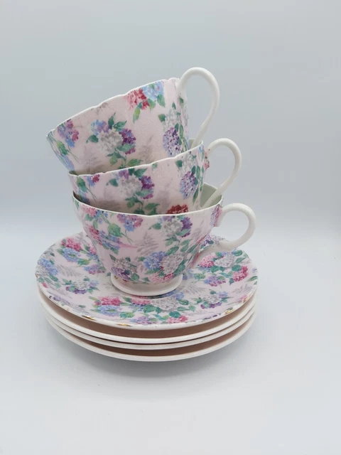 Vintage SHELLEY 3 Cup & Saucer Sets Bone China Pink Summer Glory Chintz Henley