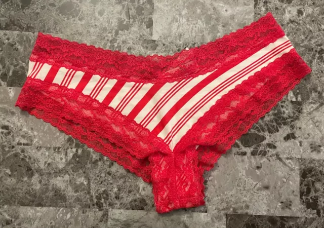 Nwt Victoria's Secret Medium Red White Stripe Floral Lace Rare Cheeky Panties