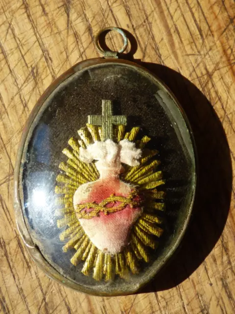 Ancien tableau lumineux religieux-verre bombé-Sacré Cœur de l