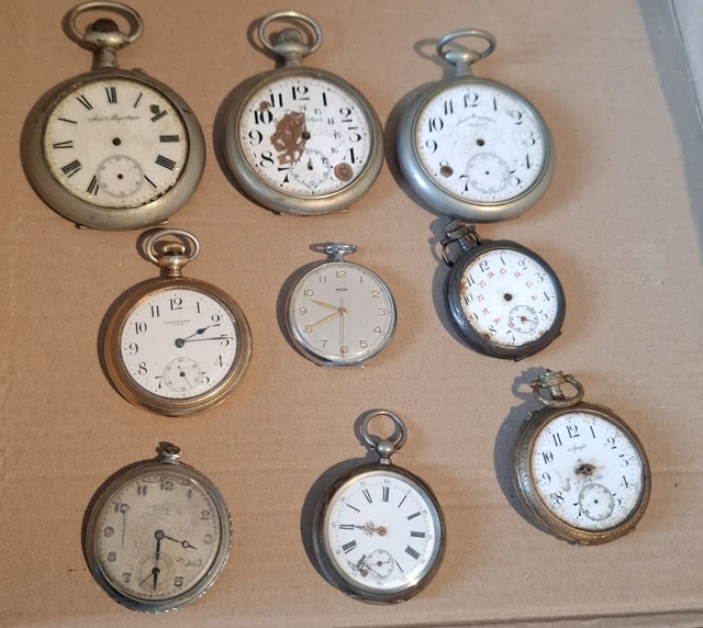 Lot De 3 Montres De Poche Avec Chaînes - Mouvement Mécanique Manuel - Cadran émaillé Blanc - Occasion Très Bon état