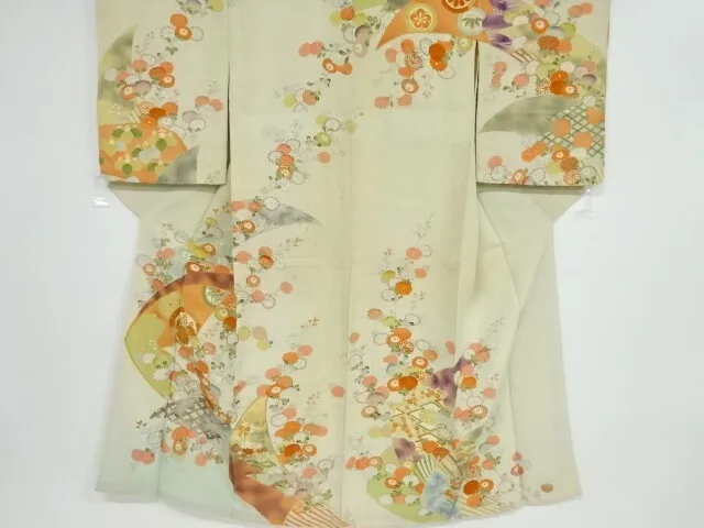 81241# Japanese Kimono / Antique Kimono / Embroidery / Folding Fan With Kiku