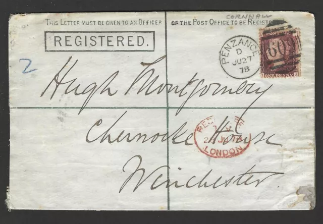 Uk Gb 1878 Tying One Penny Red On Prepaid Registered Two Cents Postal Cover