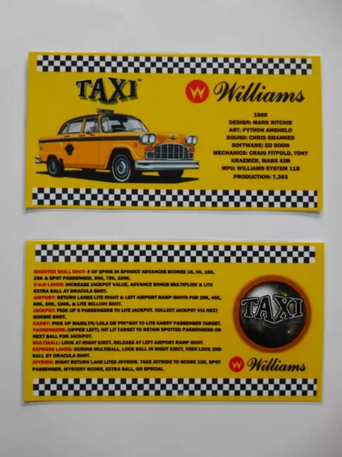 * * 'TAXI' Williams 1988 Custom Instruction/Apron Cards (New) * *