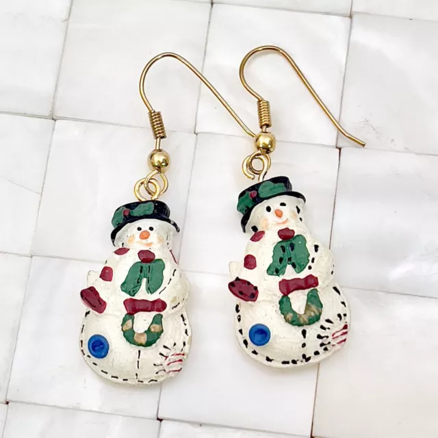 Snowman Resin Hook Earrings Multicolor Gold Tone The Vintage Strand Lot #0144