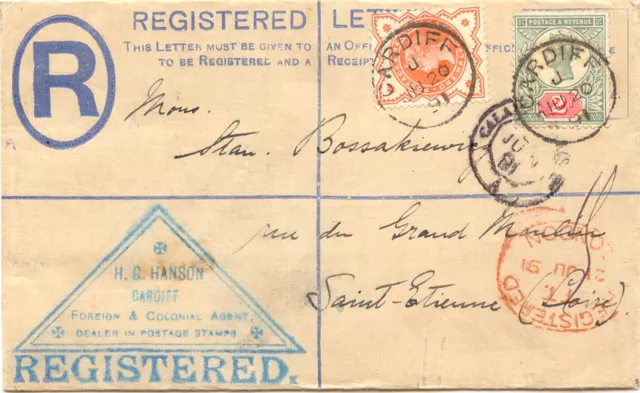 GB 1891 "CARDIFF" thimble on QV 2D provisional registered env uprated w Jubilee