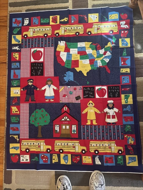 USA MAP STATES School Bus Fabric Panel Quilt Wall Hanging FABRIC ...