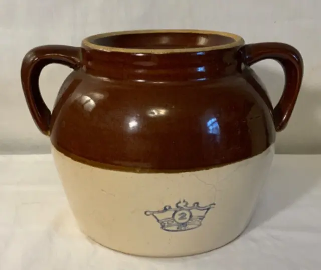 Antique Robinson Ransbottom 2Qt Blue Crown Stoneware Crock/Bean Pot 2 Handles