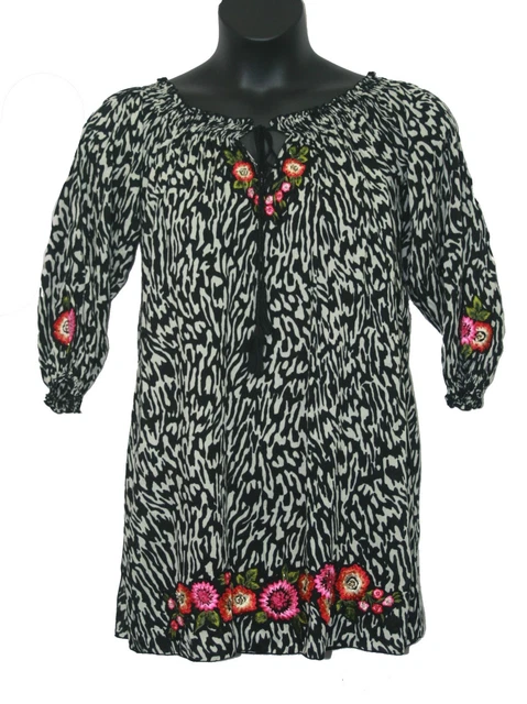 Krista Lee Black Ivory Embroidered Beaded Long Tunic Top Small S NWT