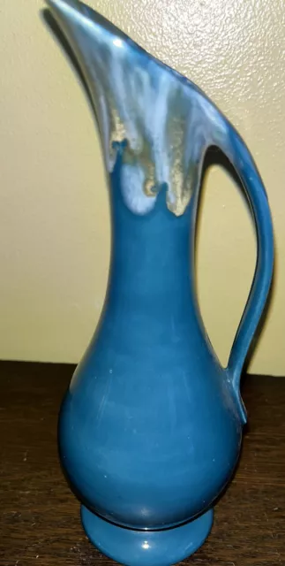 Vintage 1970 Art Pottery Ewer Bud Vase Teal Drip Glaze - 8" Holland Mold