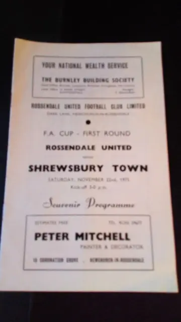 22.11.1975. Rossendale United v Shrewsbury Town Programme, (FA Cup 1st Round).
