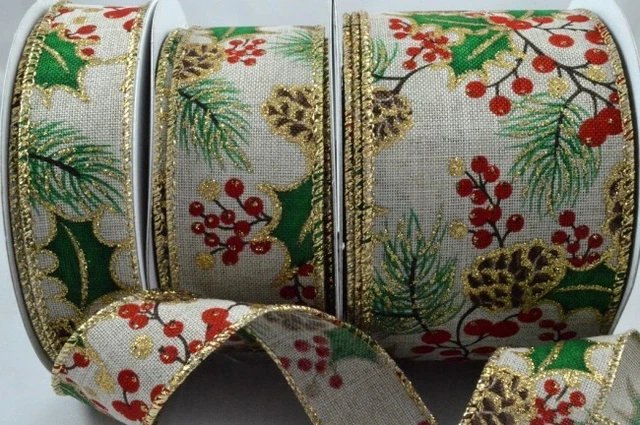 Kabelgebundenes natürliches Sackleinenband Weihnachtsbeeren & Stechpalme 25, 38 oder 63mm x 10M Rolle