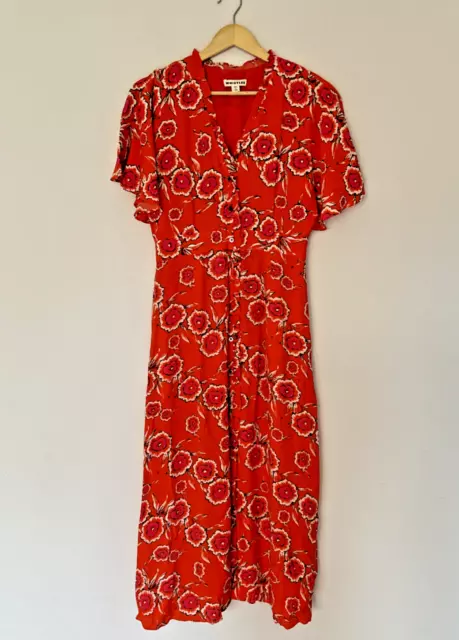 Whistles Ella Dress Size 10 Orange Floral Diagonal Button Midi Frill Ditsy