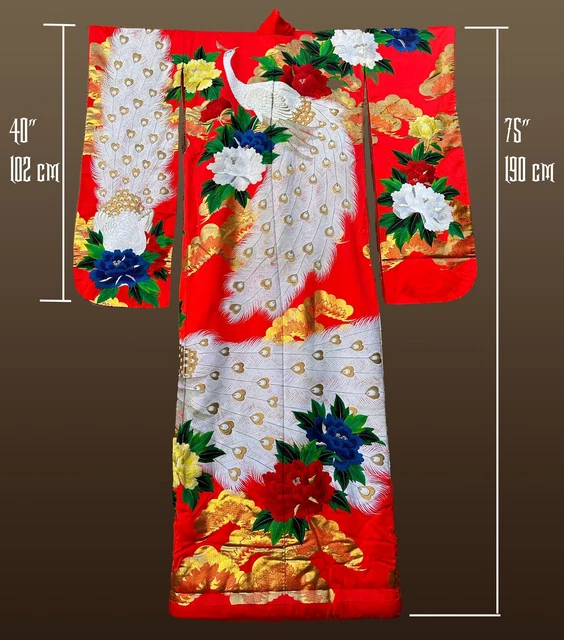 Japanese Wedding Kimono, UCHIKAKE, RedOrange w/ Embroidered White Peacocks