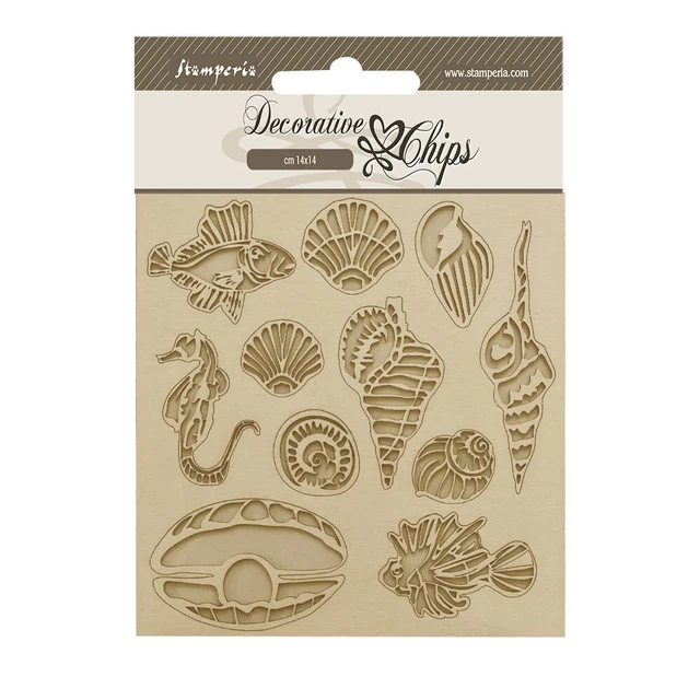 Chips decorativos Stamperia Songs of the Sea CÁSCARAS Y PECES 5,5"" x 5,5"" #SCB186
