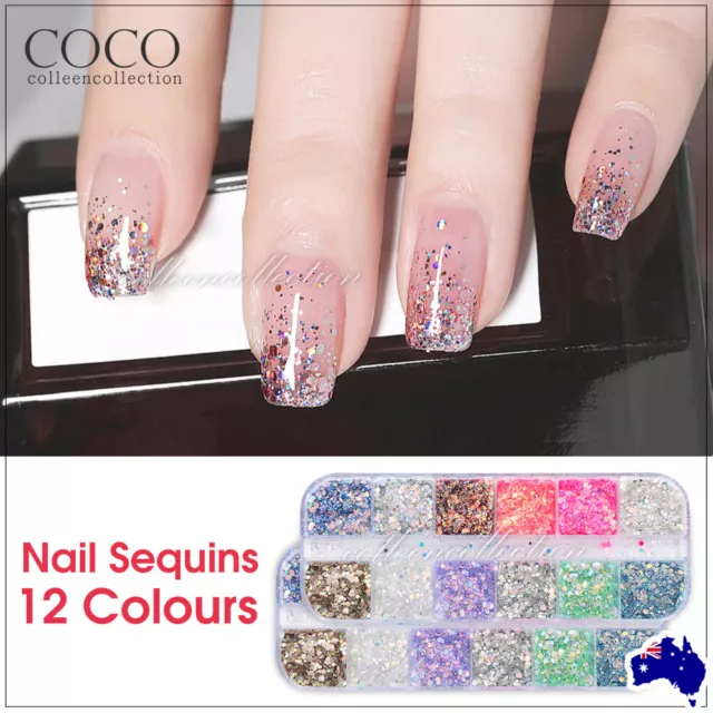 New 12 Color Holographic Nail Sequins Glitter Flakes Sparkle Confetti Art Decal