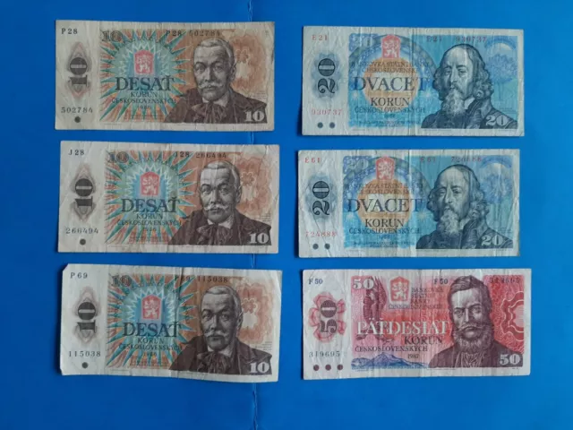 1 x 50 + 2 x 20 + 3 x 10 Korun Tschechoslowakei / Geldschein Banknote