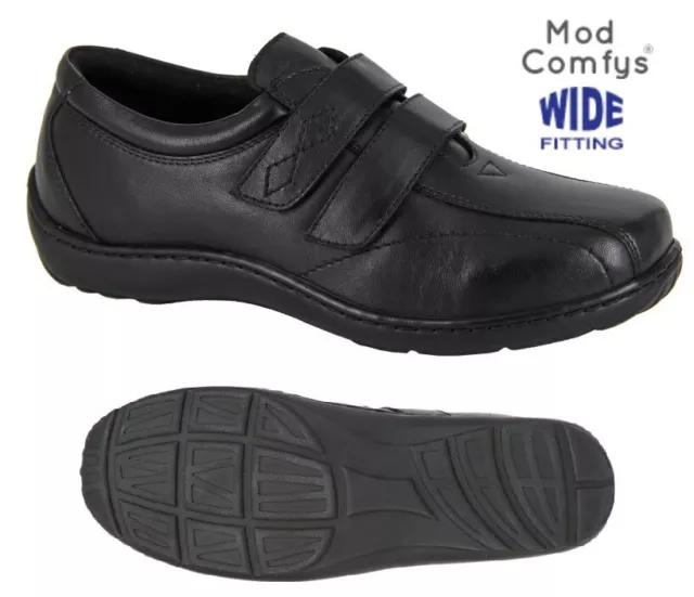 Mod Comfys Womens Extra Wide Fit Touch Fastening Leather Comfort Shoes  Black (EEE Fitting)