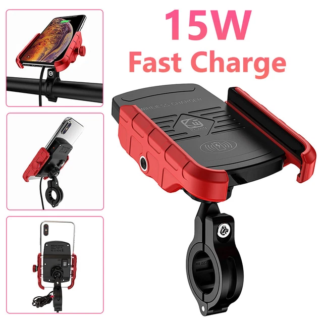 Motorcycle Cell Phone Holder With Wireless USB Charger 15W Fast Charging CN Red