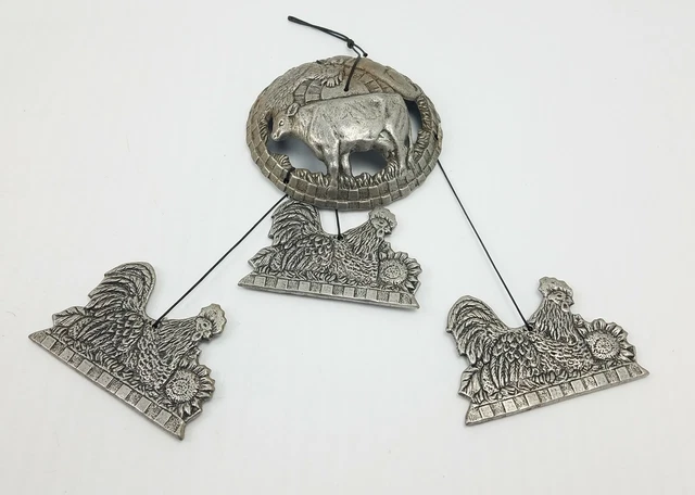 Vintage Carson 1994 Pewter Wind Chimes Pig Cow Rooster Farm Collectable RARE