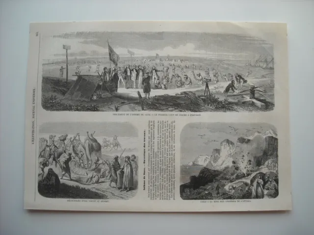 Gravure 1859. Isthme De Suez. Ouverture Des Travaux. Mine Carrieres De L'attaka.