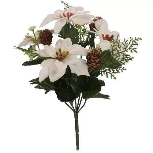 Artificial Flowers Christmas POINSETTIA Cone Ferns Flower Bunch Bouquet Ivy