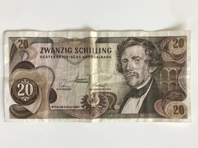 1967 Austria 20 Zwanzig Schilling Note Circulated Carl Ritter von Ghega