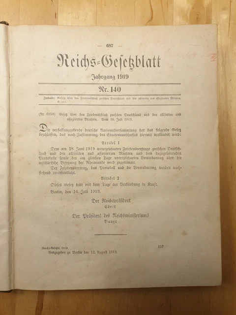 Reichs-Gesetztblatt 1919 Nr. 140 Versaillervertrag