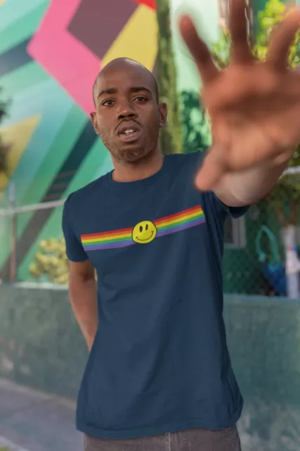 T-shirt uomo cotone biologico a righe Happy Face Pride arcobaleno GAY LGBT regalo moda