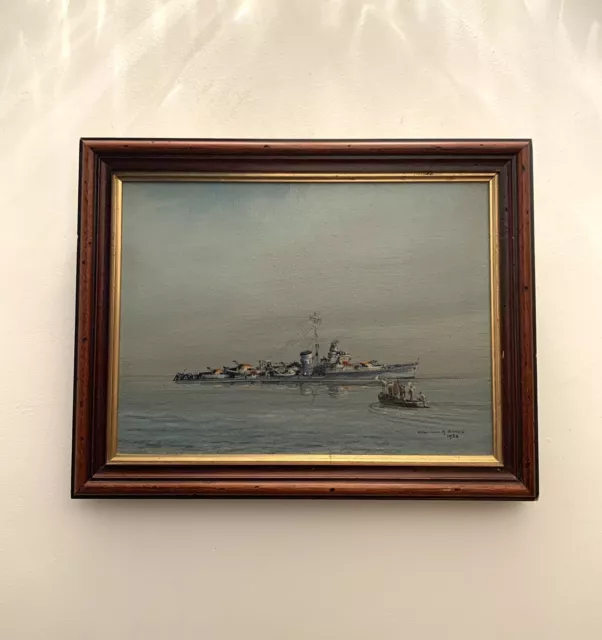 Fabulous Royal Navy Oil Painting of HMS Bicester (L34) by W.H Bates (d.1982)